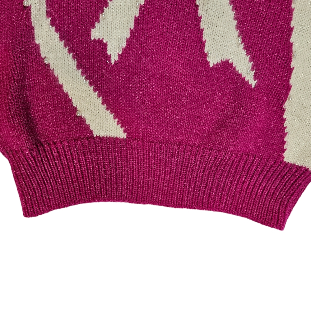 Vintage Jaclyn Smith Hot Pink White Bow Sweater Sz L Pearl Bead Granny Coquette - Picture 11 of 16